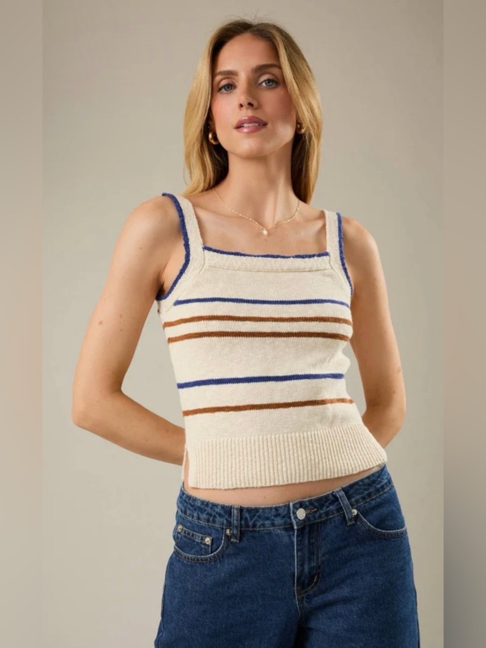 161. Ivory Striped Square-Neck Knit Tank with Blue & Brown Trim